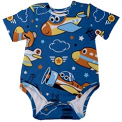 Seamless-pattern-with-nice-planes-cartoon Baby Short Sleeve Onesie Bodysuit by Jancukart