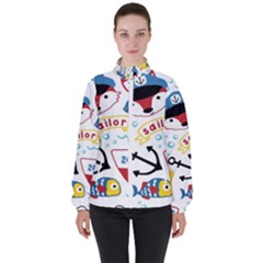 Seamless-pattern-vector-sailing-equipments-cartoon Women s High Neck Windbreaker by Jancukart