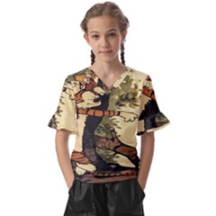 Calvin And Hobbes Kids  V-neck Horn Sleeve Blouse by artworkshop