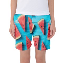 Watermelon Blue Background Women s Basketball Shorts by artworkshop