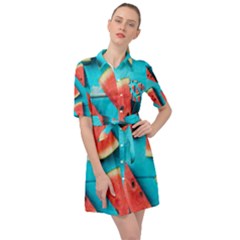 Watermelon Blue Background Belted Shirt Dress by artworkshop