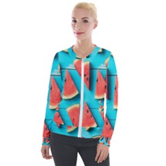 Watermelon Blue Background Velvet Zip Up Jacket by artworkshop