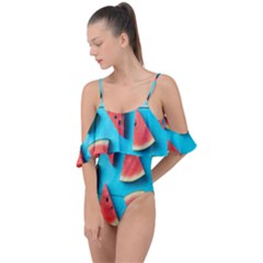 Watermelon Blue Background Drape Piece Swimsuit by artworkshop