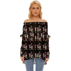 Cat Pattern Off Shoulder Chiffon Pocket Shirt by Sparkle