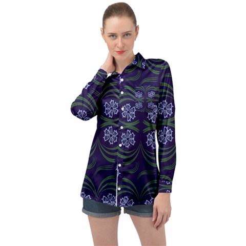 Folk Flowers Print Floral Pattern Ethnic Art Long Sleeve Satin Shirt by Eskimos