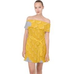 Hexagons Yellow Honeycomb Hive Bee Hive Pattern Off Shoulder Chiffon Dress by artworkshop