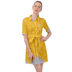 Hexagons Yellow Honeycomb Hive Bee Hive Pattern Belted Shirt Dress by artworkshop