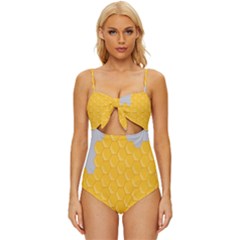 Hexagons Yellow Honeycomb Hive Bee Hive Pattern Knot Front One-piece Swimsuit by artworkshop