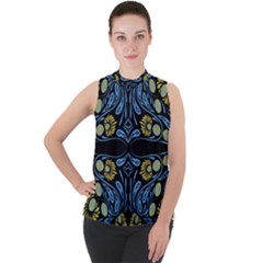 Folk Flowers Print Floral Pattern Ethnic Art Mock Neck Chiffon Sleeveless Top by Eskimos