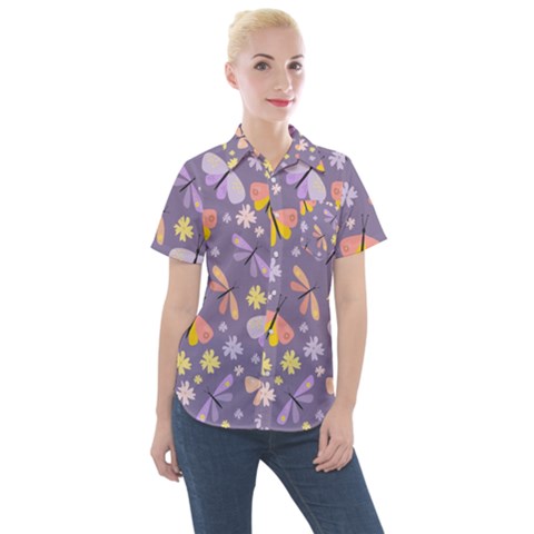 Vector-seamless-pattern-with-butterflies-beetles Women s Short Sleeve Pocket Shirt by Jancukart