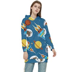 Seamless-pattern-vector-with-spacecraft-funny-animals-astronaut Women s Long Oversized Pullover Hoodie by Jancukart