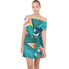 Leaves Tropical Exotic Off Shoulder Chiffon Dress by artworkshop