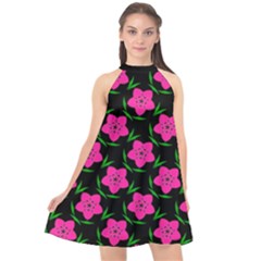 Pink Flowers Black  Halter Neckline Chiffon Dress  by FunDressesShop