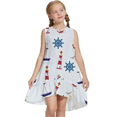 Lighthouse Sail Boat Seagull Kids  Frill Swing Dress by artworkshop