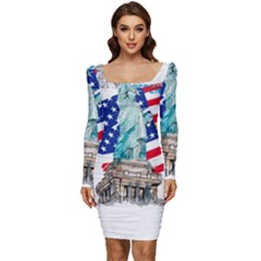 Statue Of Liberty Independence Day Poster Art Women Long Sleeve Ruched Stretch Jersey Dress by Jancukart