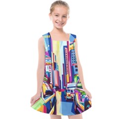 City-street-car-road-architecture Kids  Cross Back Dress by Jancukart