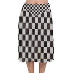 Large Black And White Watercolored Checkerboard Chess Velvet Flared Midi Skirt by PodArtist