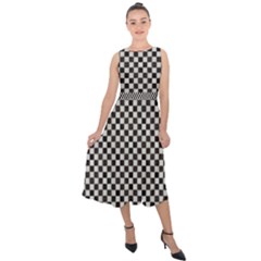 Black And White Watercolored Checkerboard Chess Midi Tie-back Chiffon Dress by PodArtist