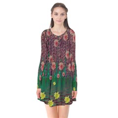 Floral Vines Over Lotus Pond In Meditative Tropical Style Long Sleeve V-neck Flare Dress by pepitasart