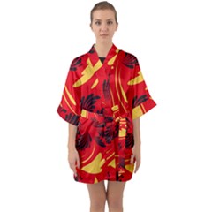 Folk Flowers Print Floral Pattern Ethnic Art Half Sleeve Satin Kimono  by Eskimos