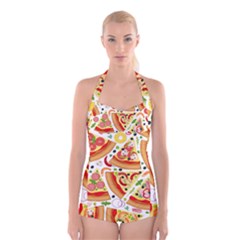 Pizza Love Boyleg Halter Swimsuit  by designsbymallika