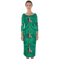 Happy Small Dogs In Calm In The Big Blooming Forest Quarter Sleeve Midi Bodycon Dress by pepitasart