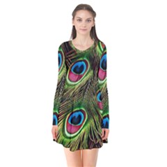 Peacock-feathers-color-plumage Long Sleeve V-neck Flare Dress by Celenk