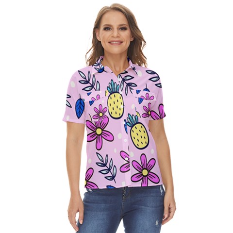 Flowers Purple Women s Short Sleeve Double Pocket Shirt by nateshop