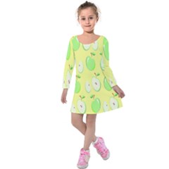 Apple Pattern Green Yellow Kids  Long Sleeve Velvet Dress by artworkshop