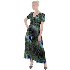 Plumage Peacock Feather Colorful Button Up Short Sleeve Maxi Dress by Sapixe