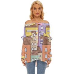 Houses City Architecture Building Off Shoulder Chiffon Pocket Shirt by Sapixe