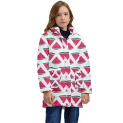 Illustration Watermelon Fruit Food Melon Kid s Hooded Longline Puffer Jacket by Sapixe