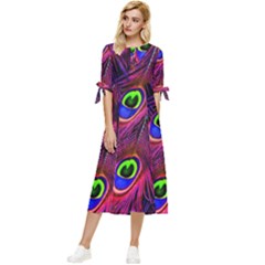 Peacock-feathers Bow Sleeve Chiffon Midi Dress by nateshop