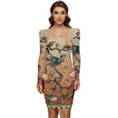 Flower Cubism Mosaic Vintage Women Long Sleeve Ruched Stretch Jersey Dress by Jancukart