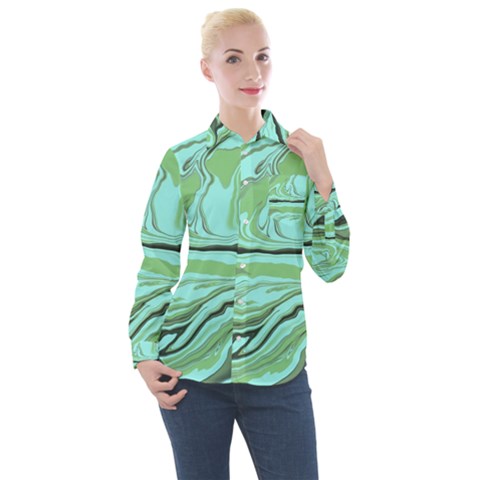 Waves Marbled Abstract Background Women s Long Sleeve Pocket Shirt by Amaryn4rt