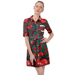 Fractal Red Spiral Abstract Art Belted Shirt Dress by Amaryn4rt