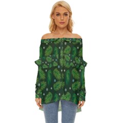 Leaves Snowflake Pattern Holiday Off Shoulder Chiffon Pocket Shirt by Amaryn4rt