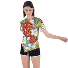 Strawberries Berry Strawberry Leaves Asymmetrical Short Sleeve Sports Tee by Wegoenart