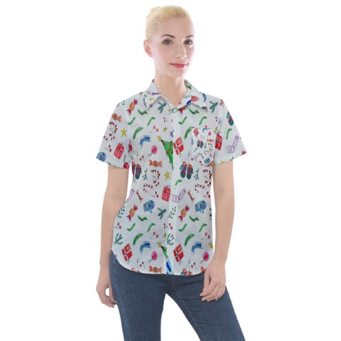 New Year Christmas Winter Watercolor Women s Short Sleeve Pocket Shirt by artworkshop