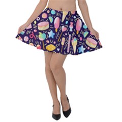 Cute-seamless-pattern-with-colorful-sweets-cakes-lollipops Velvet Skater Skirt by Wegoenart