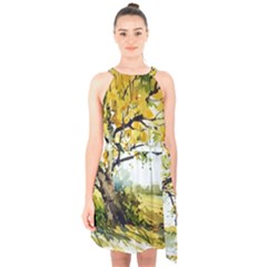 Landscape Painting Meadow Garden Halter Collar Waist Tie Chiffon Dress by Wegoenart