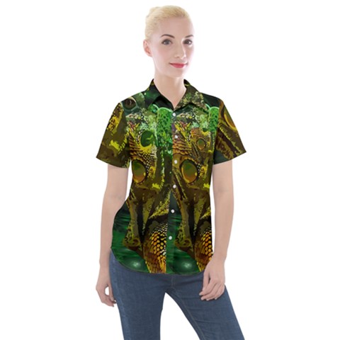 Chameleon Reptile Lizard Animal Women s Short Sleeve Pocket Shirt by Wegoenart