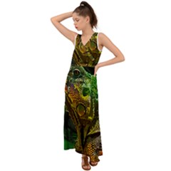 Chameleon Reptile Lizard Animal V-neck Chiffon Maxi Dress by Wegoenart