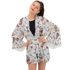 Coffee Coffeemania Caffeine Pattern Long Sleeve Kimono by Wegoenart