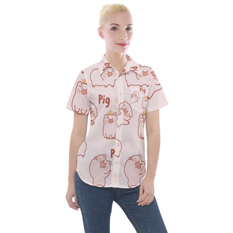 Pig Cartoon Background Pattern Women s Short Sleeve Pocket Shirt by Sudhe