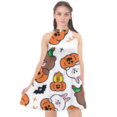 Illustration Pumpkin Bear Bat Bunny Chicken Halter Neckline Chiffon Dress  by Sudhe