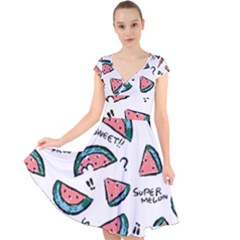 Illustration Watermelon Fruit Sweet Slicee Cap Sleeve Front Wrap Midi Dress by Sudhe