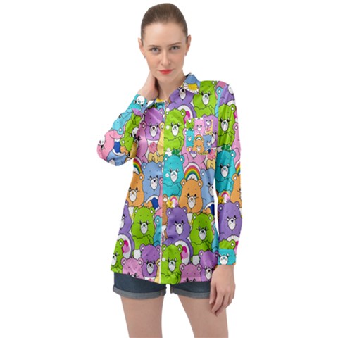 Care Bears Bear Background Cartoon Long Sleeve Satin Shirt by Sudhe