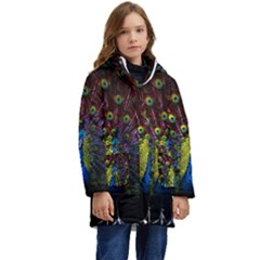 Beautiful Peacock Feather Kid s Hooded Longline Puffer Jacket by Jancukart