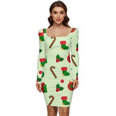 Illustration Festive Background Holiday Background Women Long Sleeve Ruched Stretch Jersey Dress by Amaryn4rt